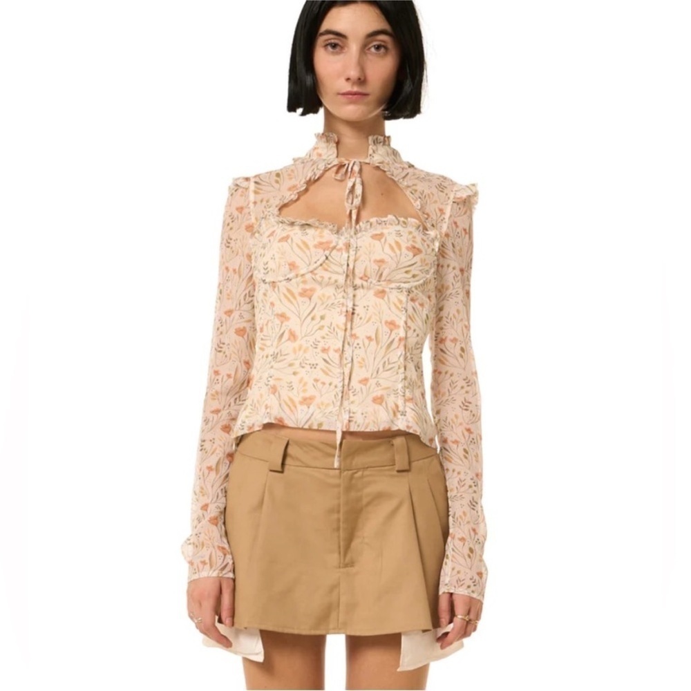 More to Come- Revolve Floral Mesh Longsleeve Tie Blouse